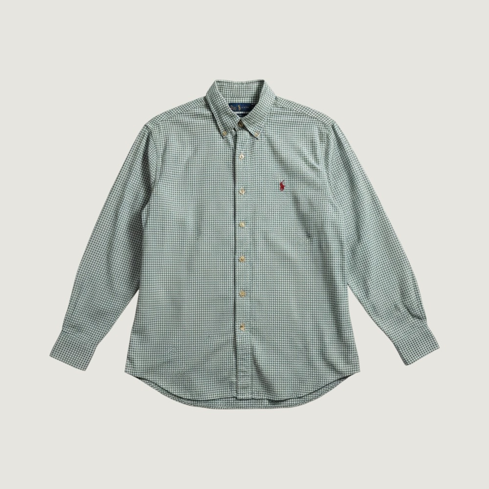 Ralph Lauren Mens Green White Micro Check Button Down Shirt Cotton Large L‎